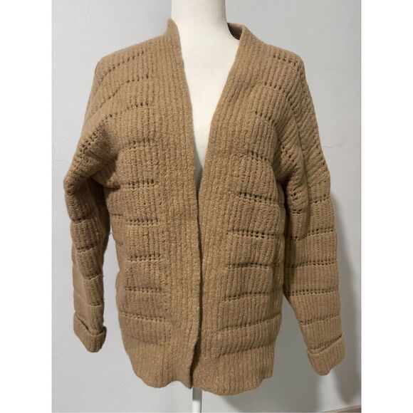 Spiritual Gangster Brown tan merino wool blend open front knit cardigan sweater - Picture 2 of 8